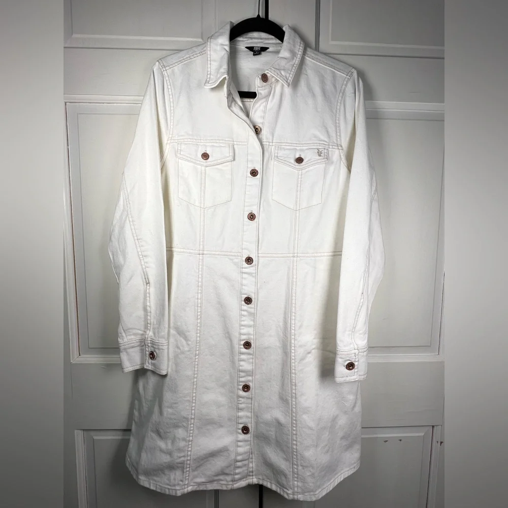 NWOT Frye Off White Button-Up Denim Dress Side Pockets Copper Button Size Large - Picture 3 of 10